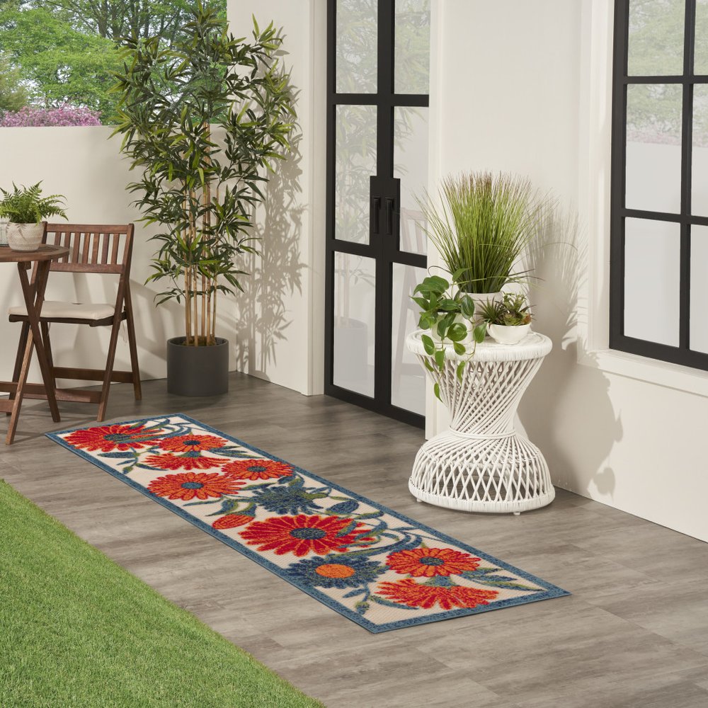 6' Ivory Blue And Orange Floral Indoor Outdoor Runner Rug