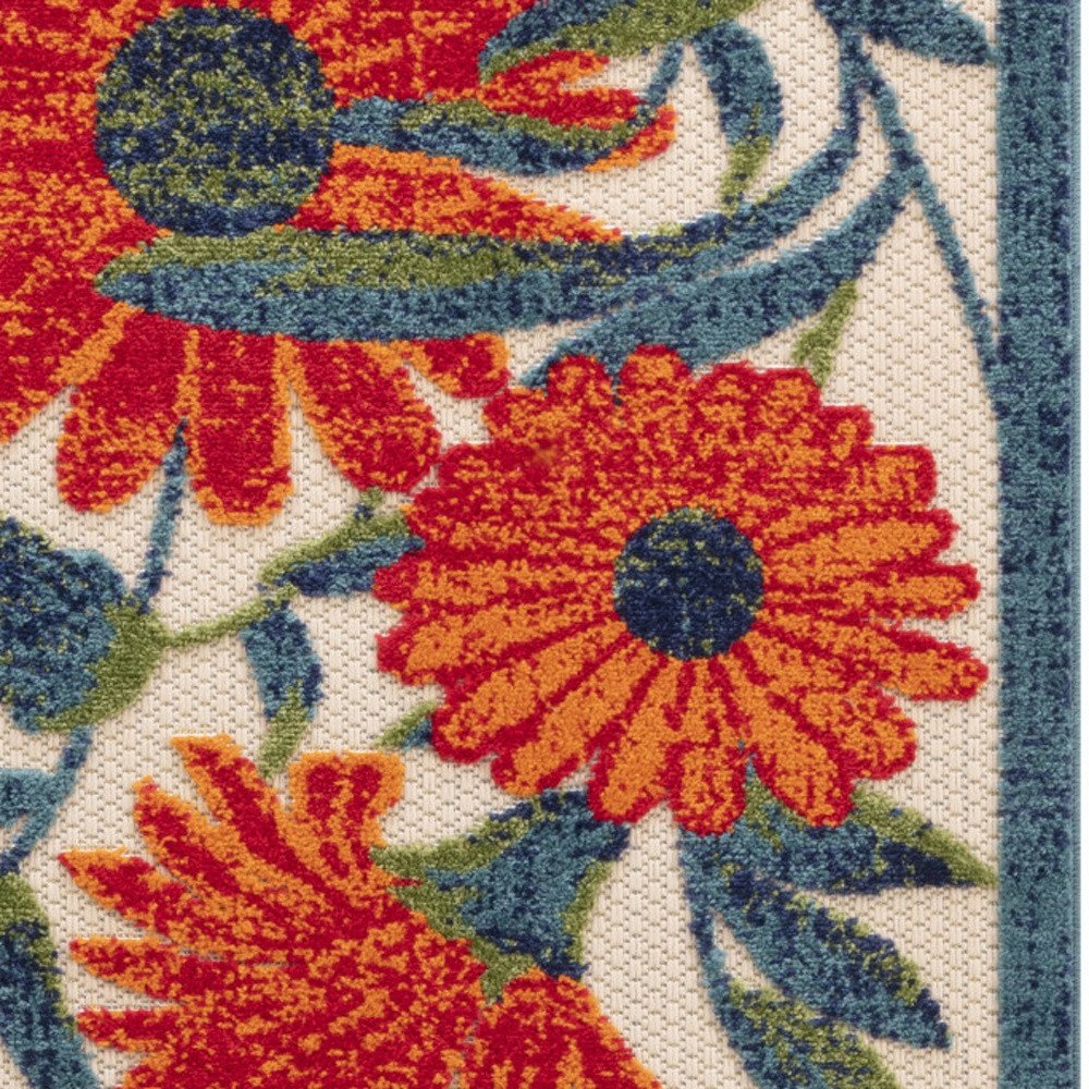 6' Ivory Blue And Orange Floral Indoor Outdoor Runner Rug HomeRoots