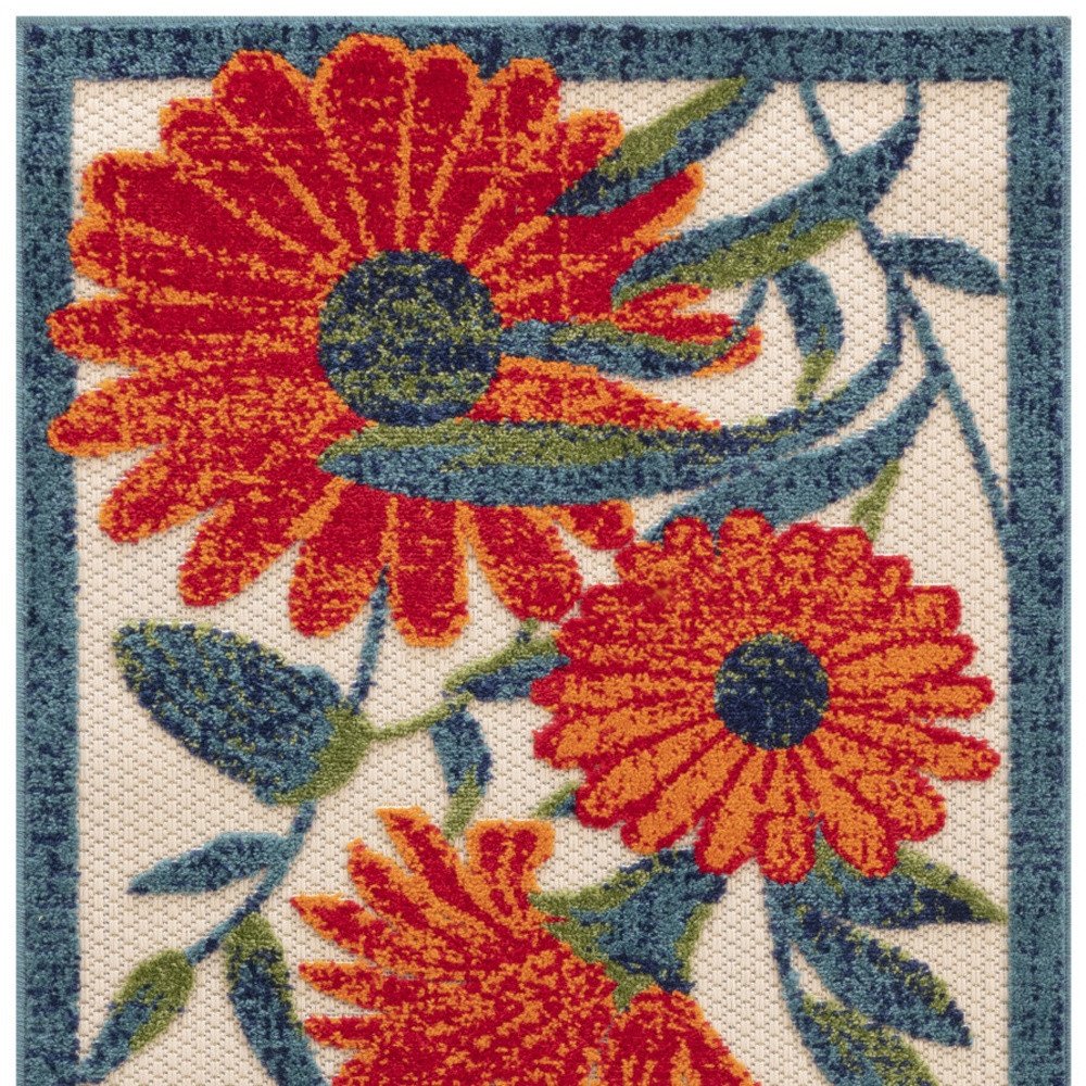 6' Ivory Blue And Orange Floral Indoor Outdoor Runner Rug HomeRoots