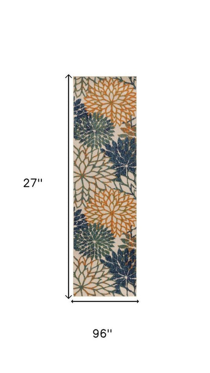 8' Ivory Blue Green And Yellow Floral Indoor Outdoor Runner Rug