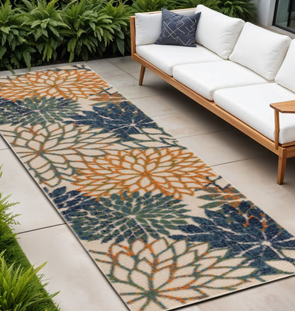 8' Ivory Blue Green And Yellow Floral Indoor Outdoor Runner Rug HomeRoots
