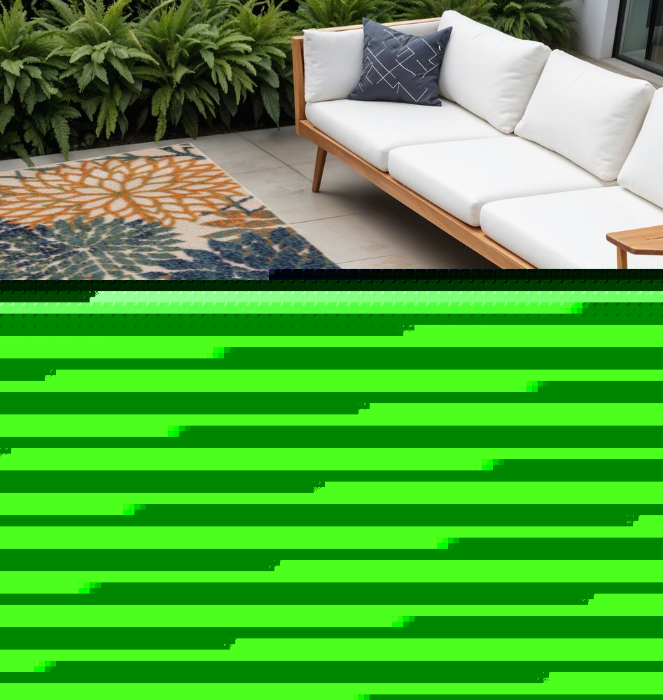8' Ivory Blue Green And Yellow Floral Indoor Outdoor Runner Rug HomeRoots