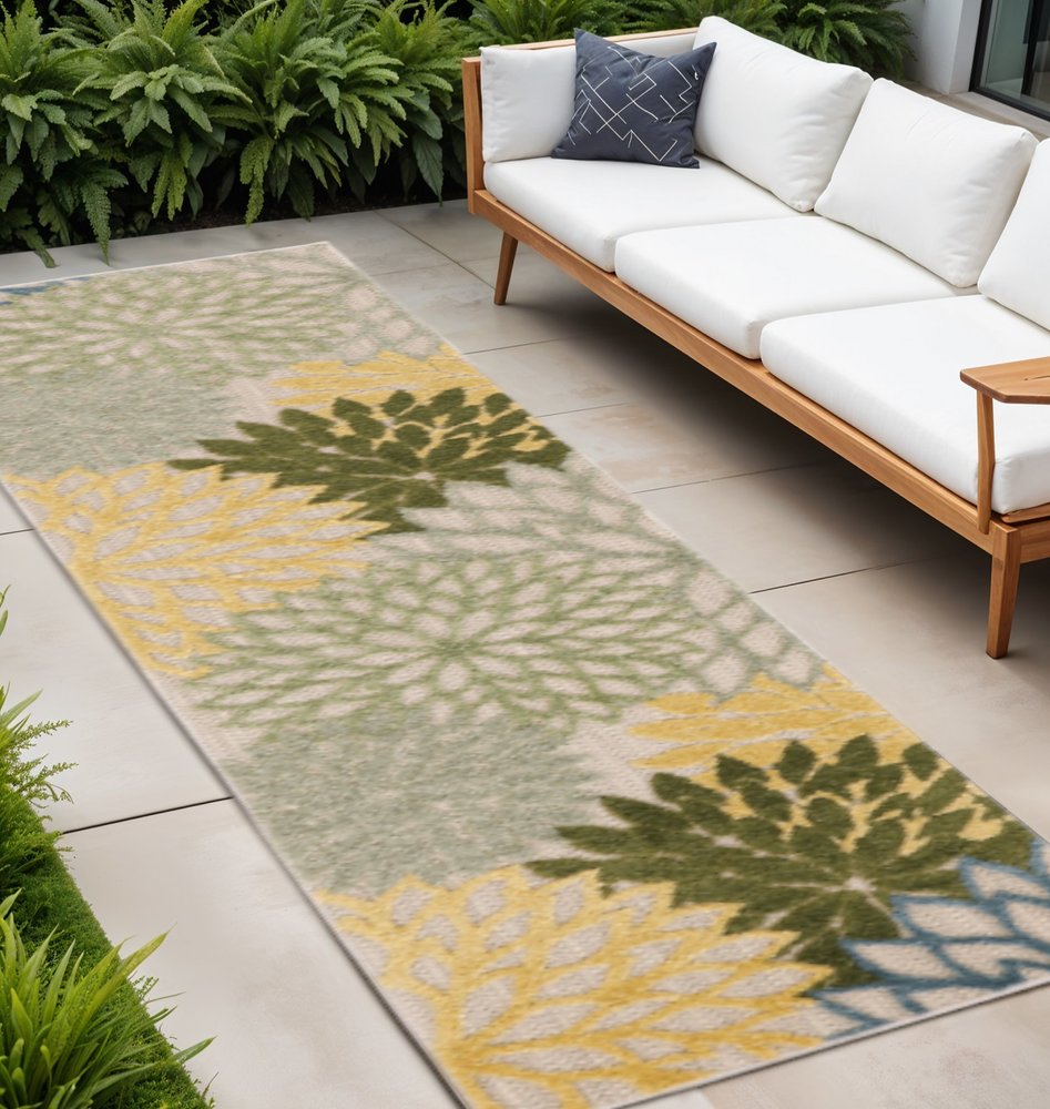8' Green Yellow And Blue Floral Indoor Outdoor Runner Rug HomeRoots