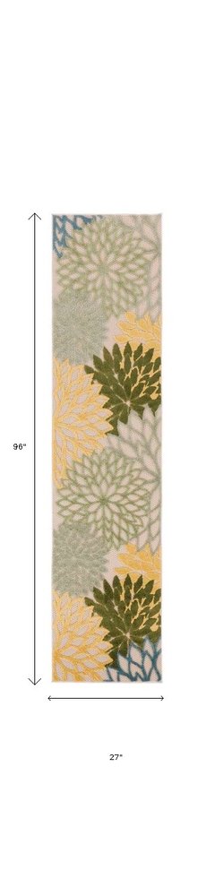8' Green Yellow And Blue Floral Indoor Outdoor Runner Rug