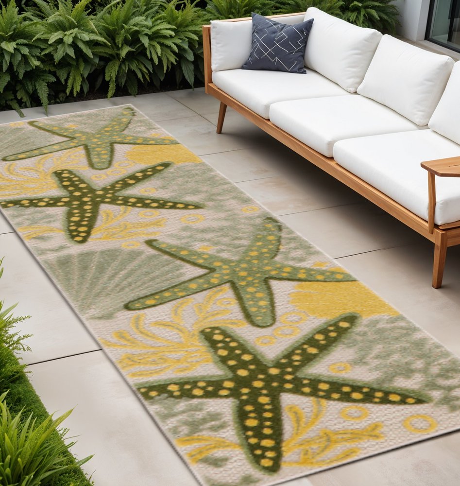 8' Green And Yellow Starfish Indoor Outdoor Runner Rug HomeRoots