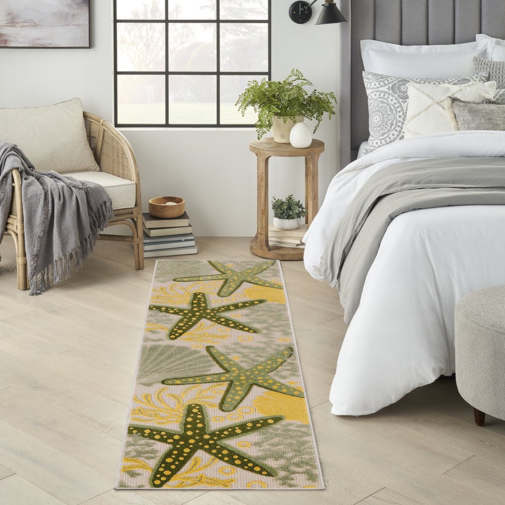 8' Green And Yellow Starfish Indoor Outdoor Runner Rug HomeRoots