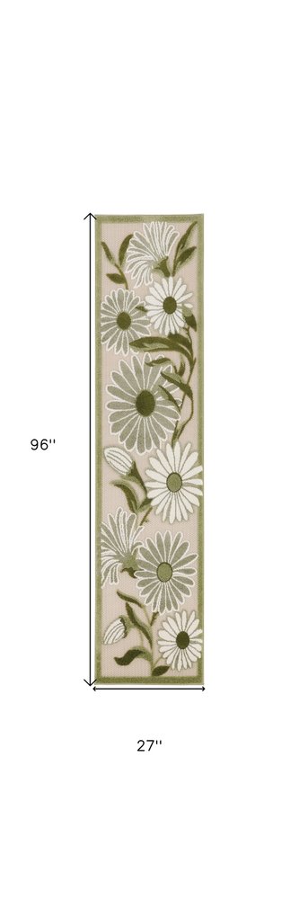 8' Ivory And Green Floral Indoor Outdoor Runner Rug HomeRoots