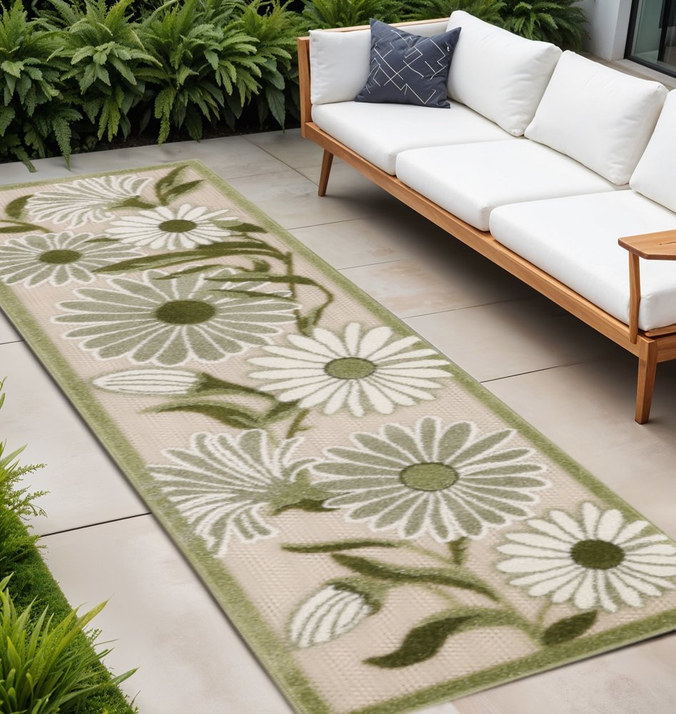 8' Ivory And Green Floral Indoor Outdoor Runner Rug HomeRoots