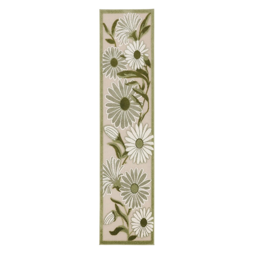 8' Ivory And Green Floral Indoor Outdoor Runner Rug HomeRoots