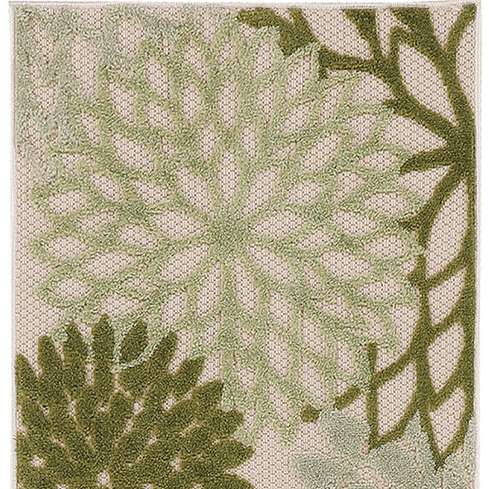 8' Ivory Green And Dark Green Floral Indoor Outdoor Runner Rug HomeRoots