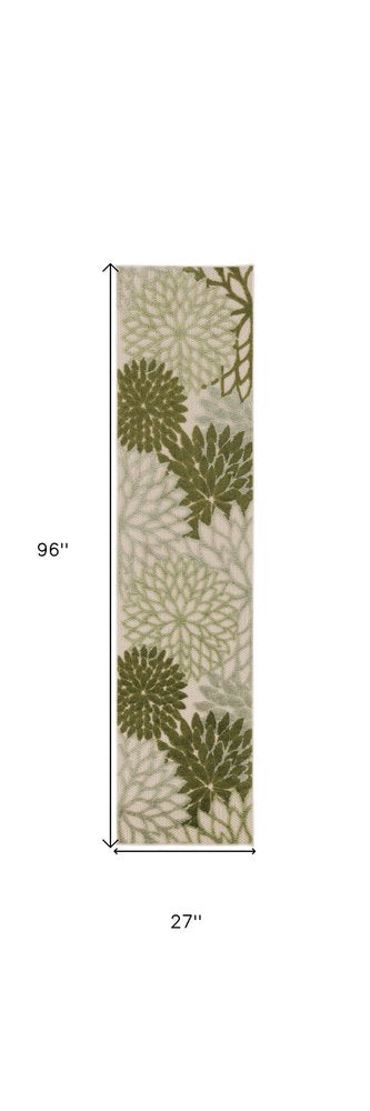 8' Ivory Green And Dark Green Floral Indoor Outdoor Runner Rug HomeRoots