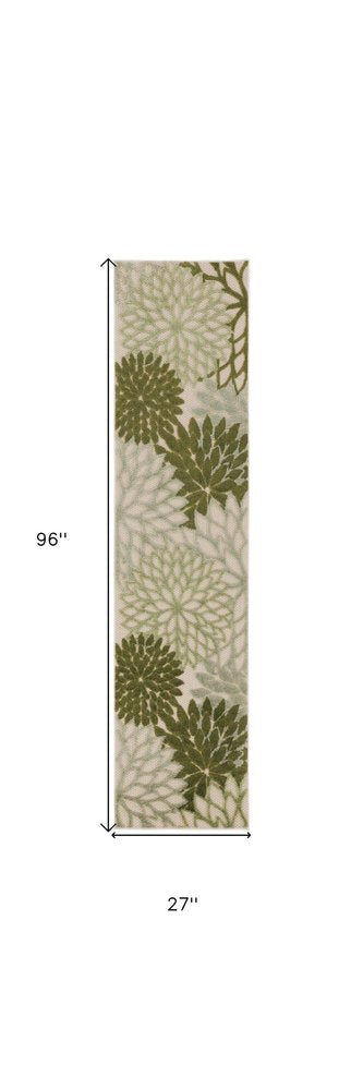 8' Ivory Green And Dark Green Floral Indoor Outdoor Runner Rug HomeRoots