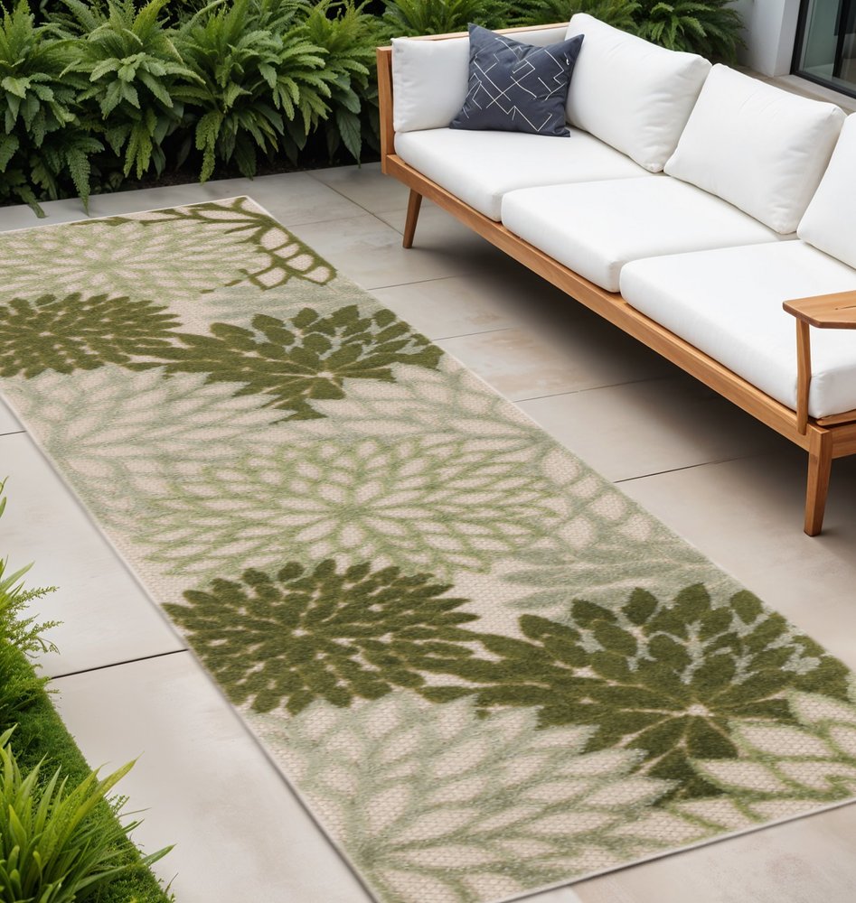 8' Ivory Green And Dark Green Floral Indoor Outdoor Runner Rug HomeRoots