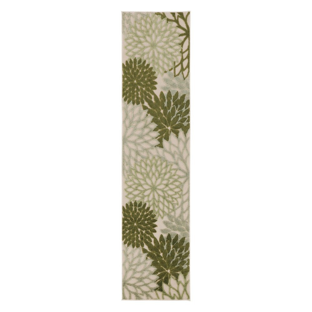 8' Ivory Green And Dark Green Floral Indoor Outdoor Runner Rug HomeRoots