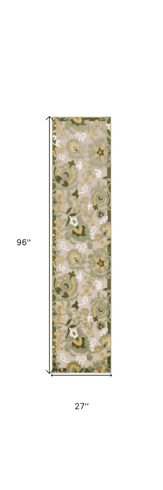 8' Ivory Dark Green And Yellow Floral Indoor Outdoor Runner Rug HomeRoots