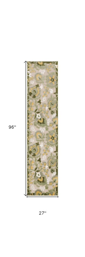 8' Ivory Dark Green And Yellow Floral Indoor Outdoor Runner Rug — view 3