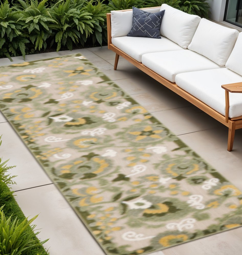 8' Ivory Dark Green And Yellow Floral Indoor Outdoor Runner Rug HomeRoots