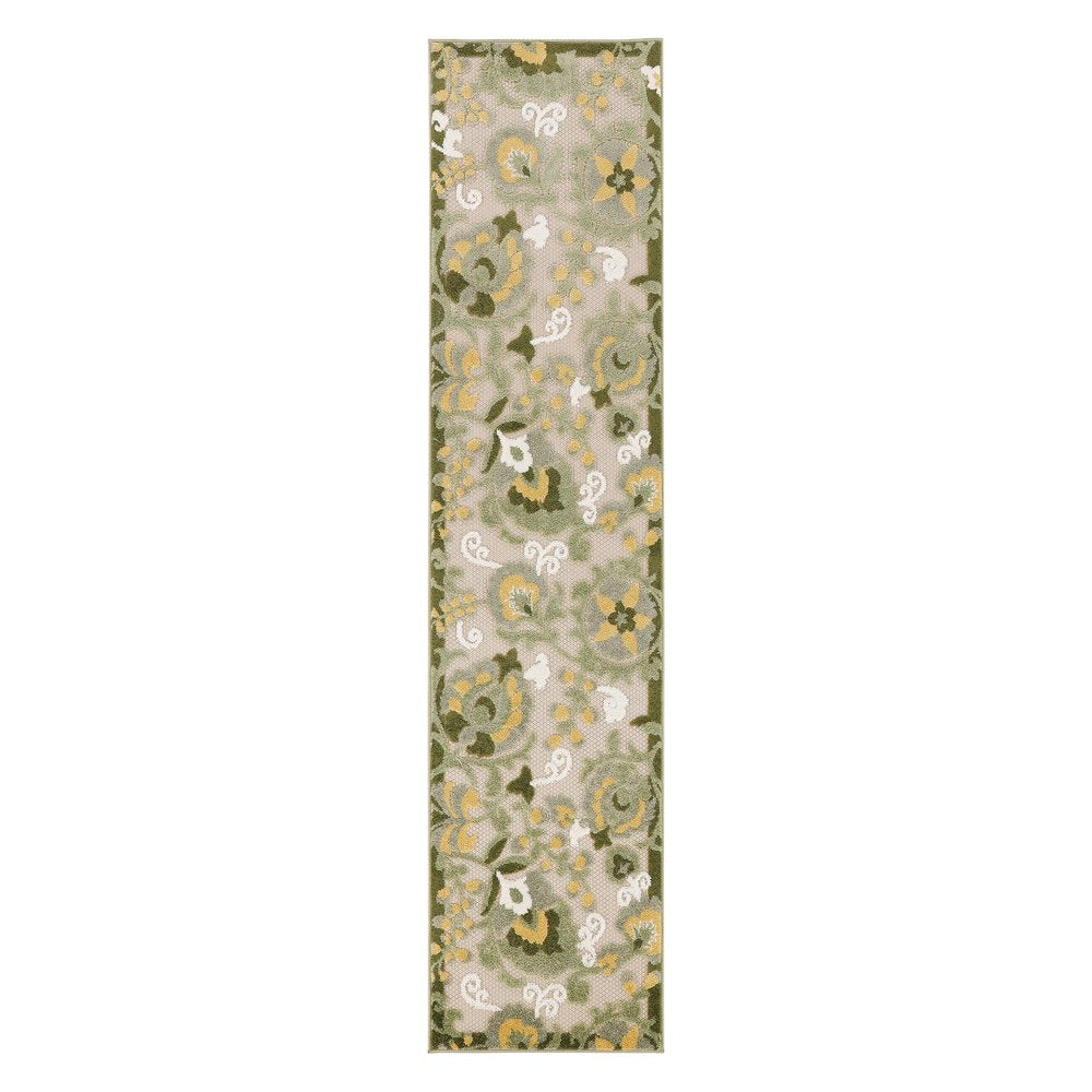 8' Ivory Dark Green And Yellow Floral Indoor Outdoor Runner Rug HomeRoots