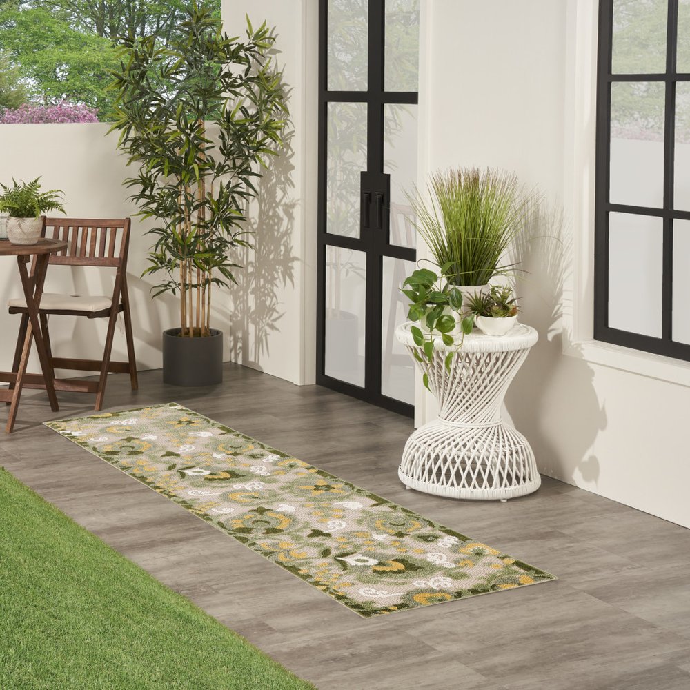 8' Ivory Dark Green And Yellow Floral Indoor Outdoor Runner Rug HomeRoots