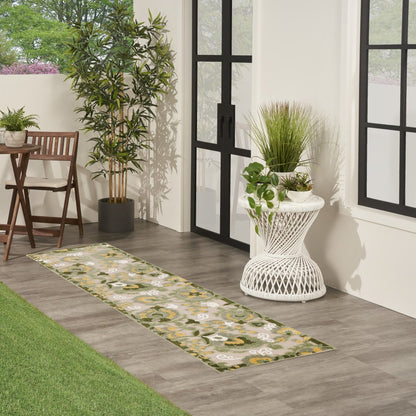 8' Ivory Dark Green And Yellow Floral Indoor Outdoor Runner Rug HomeRoots
