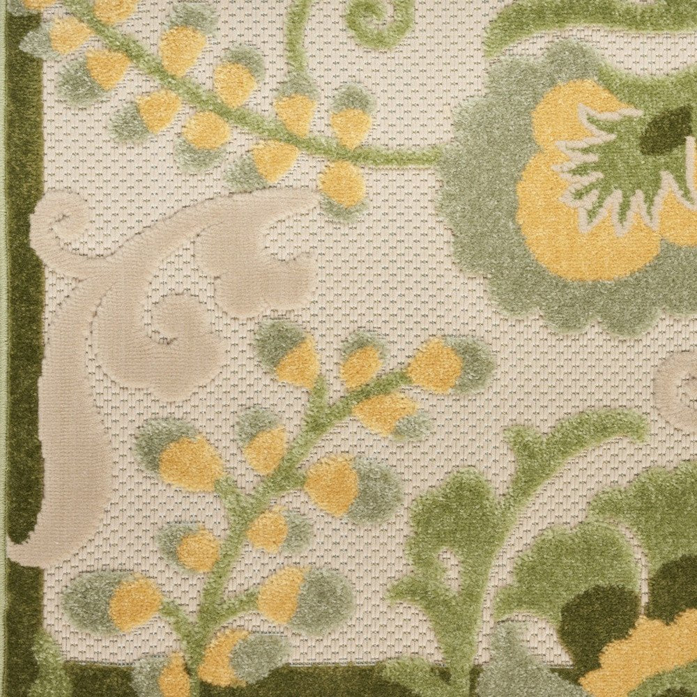 8' Ivory Dark Green And Yellow Floral Indoor Outdoor Runner Rug HomeRoots