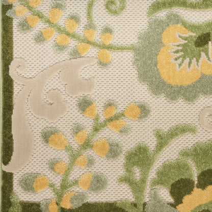 8' Ivory Dark Green And Yellow Floral Indoor Outdoor Runner Rug HomeRoots