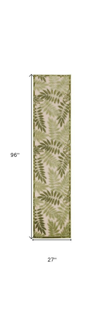8' Ivory And Green Palm Leaf Indoor Outdoor Runner Rug HomeRoots