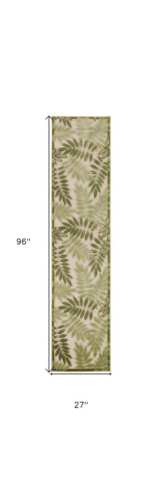8' Ivory And Green Palm Leaf Indoor Outdoor Runner Rug HomeRoots