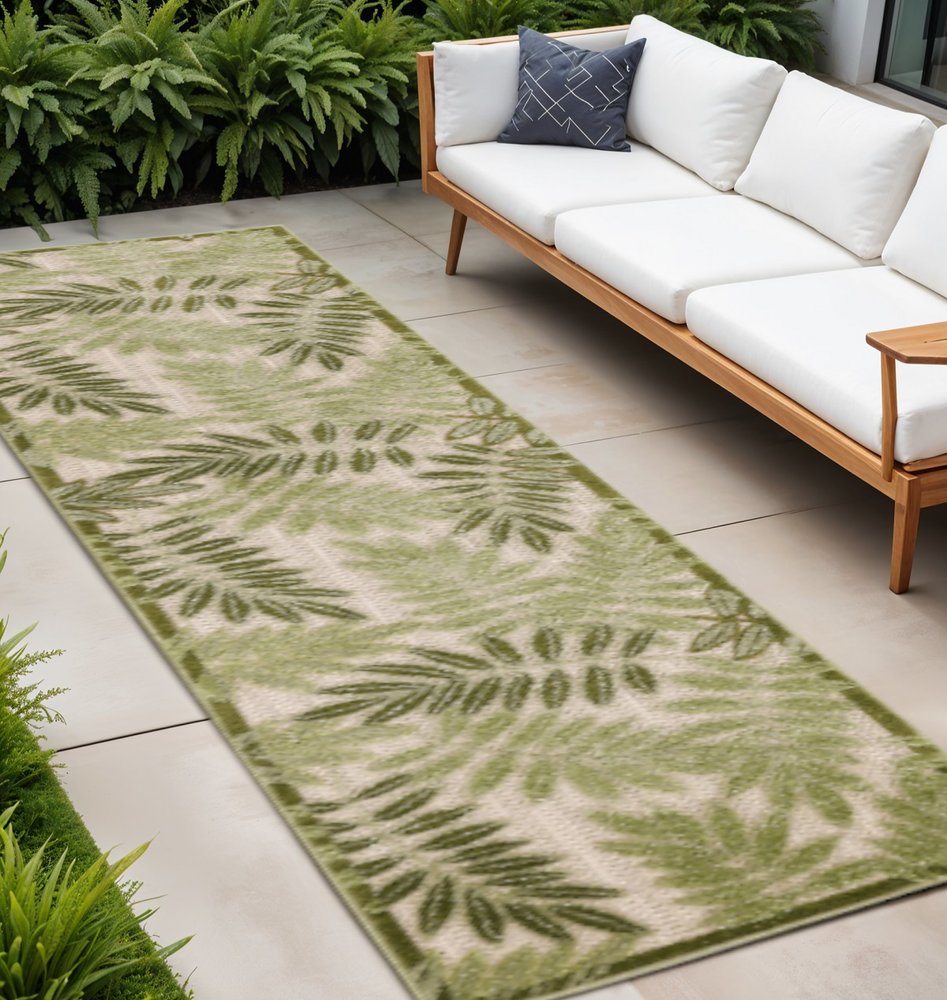 8' Ivory And Green Palm Leaf Indoor Outdoor Runner Rug HomeRoots