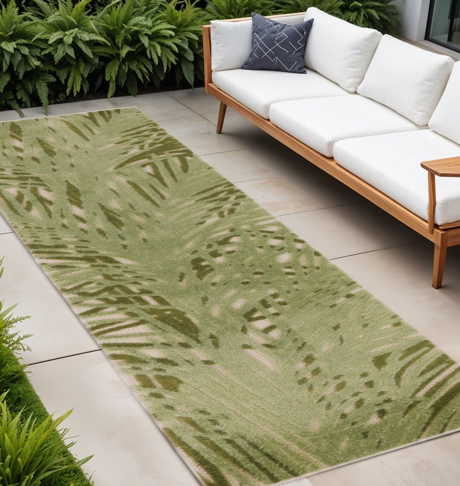 8' Ivory And Green Palm Leaf Indoor Outdoor Runner Rug HomeRoots