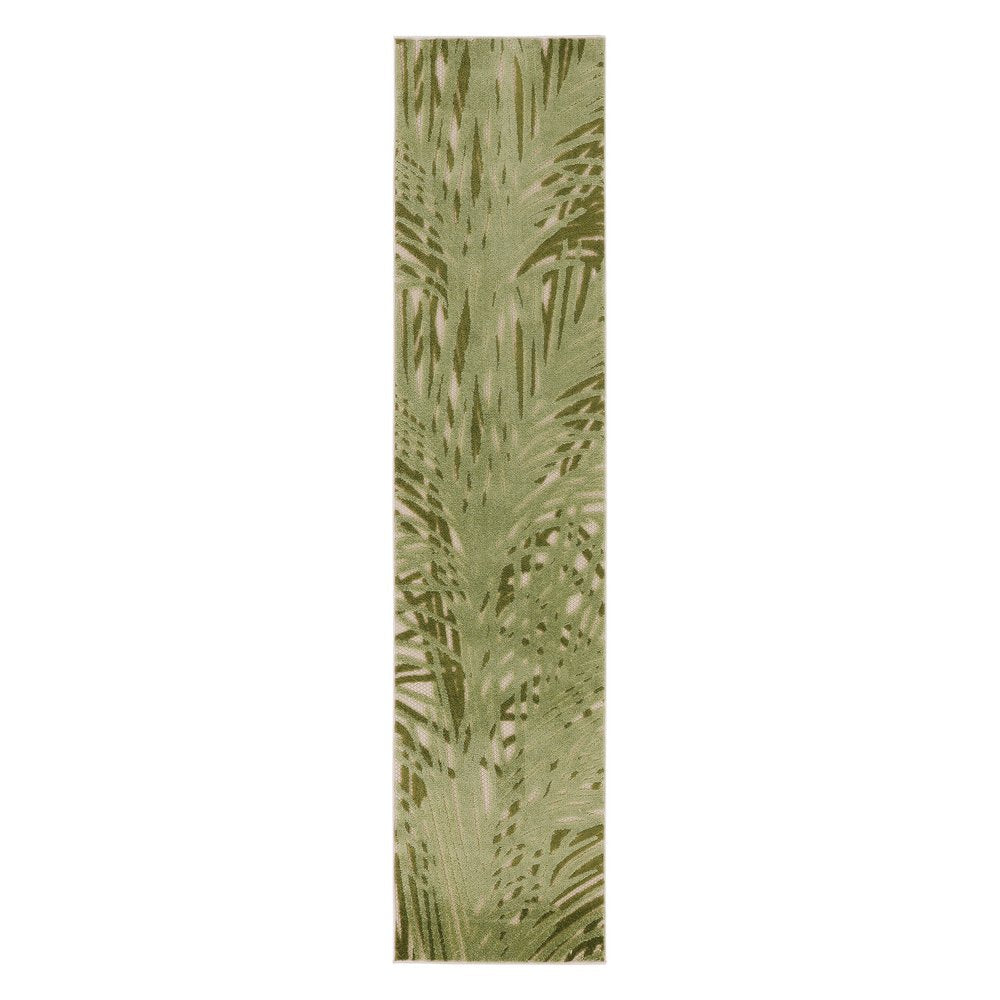 8' Ivory And Green Palm Leaf Indoor Outdoor Runner Rug