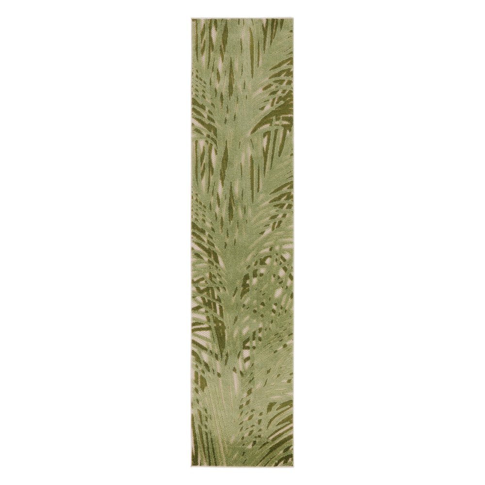 8' Ivory And Green Palm Leaf Indoor Outdoor Runner Rug HomeRoots