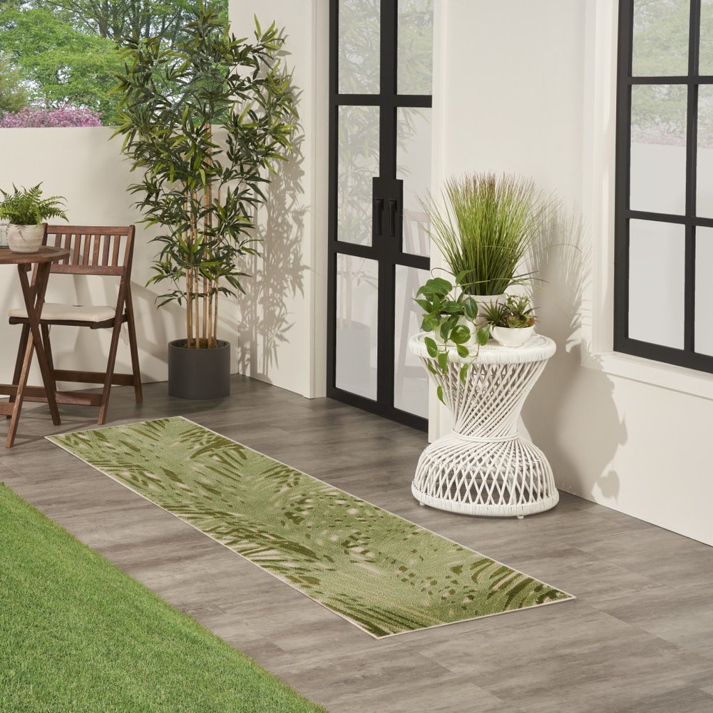 8' Ivory And Green Palm Leaf Indoor Outdoor Runner Rug