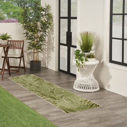 8' Ivory And Green Palm Leaf Indoor Outdoor Runner Rug