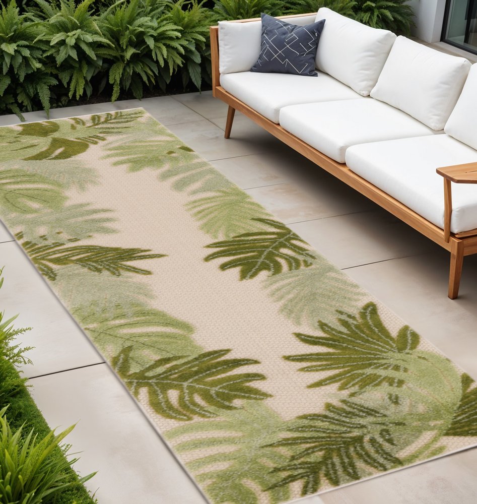 8' Ivory And Green Palm Leaf Indoor Outdoor Runner Rug HomeRoots