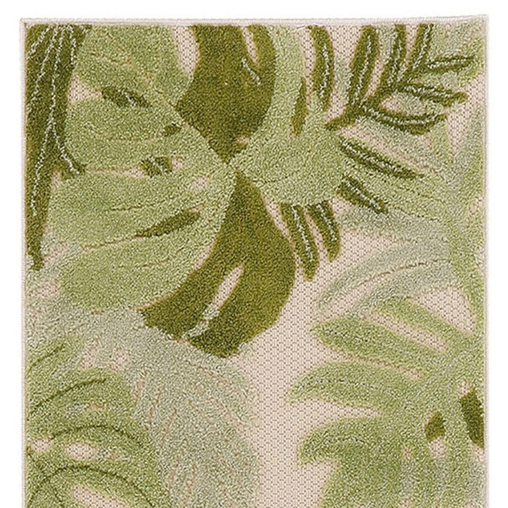 8' Ivory And Green Palm Leaf Indoor Outdoor Runner Rug HomeRoots