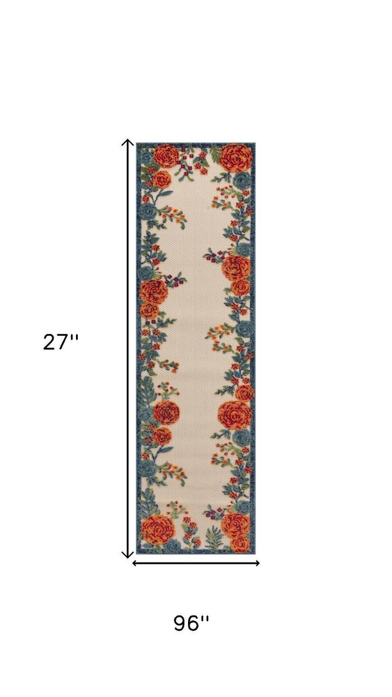 8' Ivory Orange And Blue Floral Indoor Outdoor Runner Rug HomeRoots