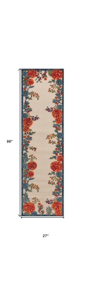 8' Ivory Orange And Blue Floral Indoor Outdoor Runner Rug