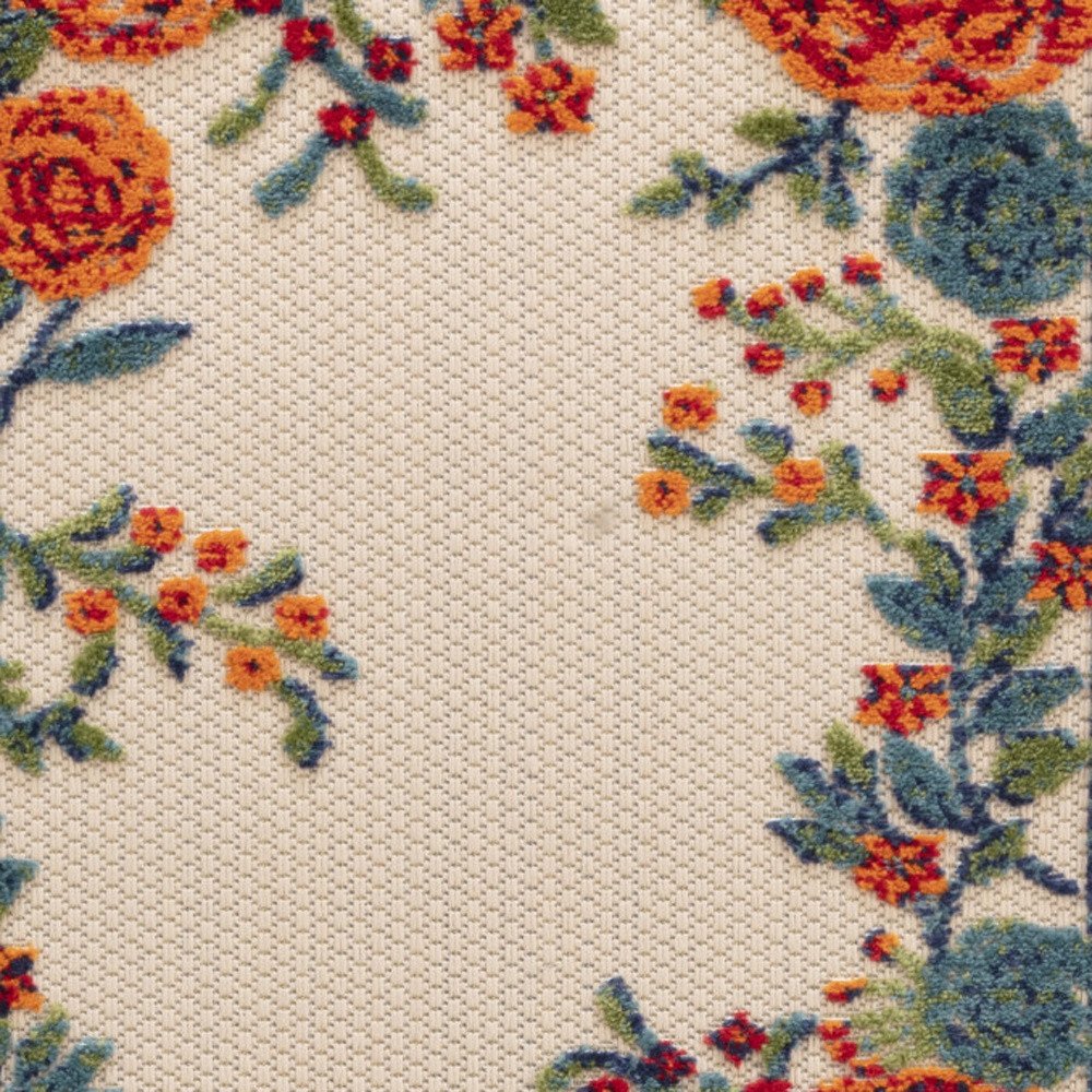 8' Ivory Orange And Blue Floral Indoor Outdoor Runner Rug HomeRoots