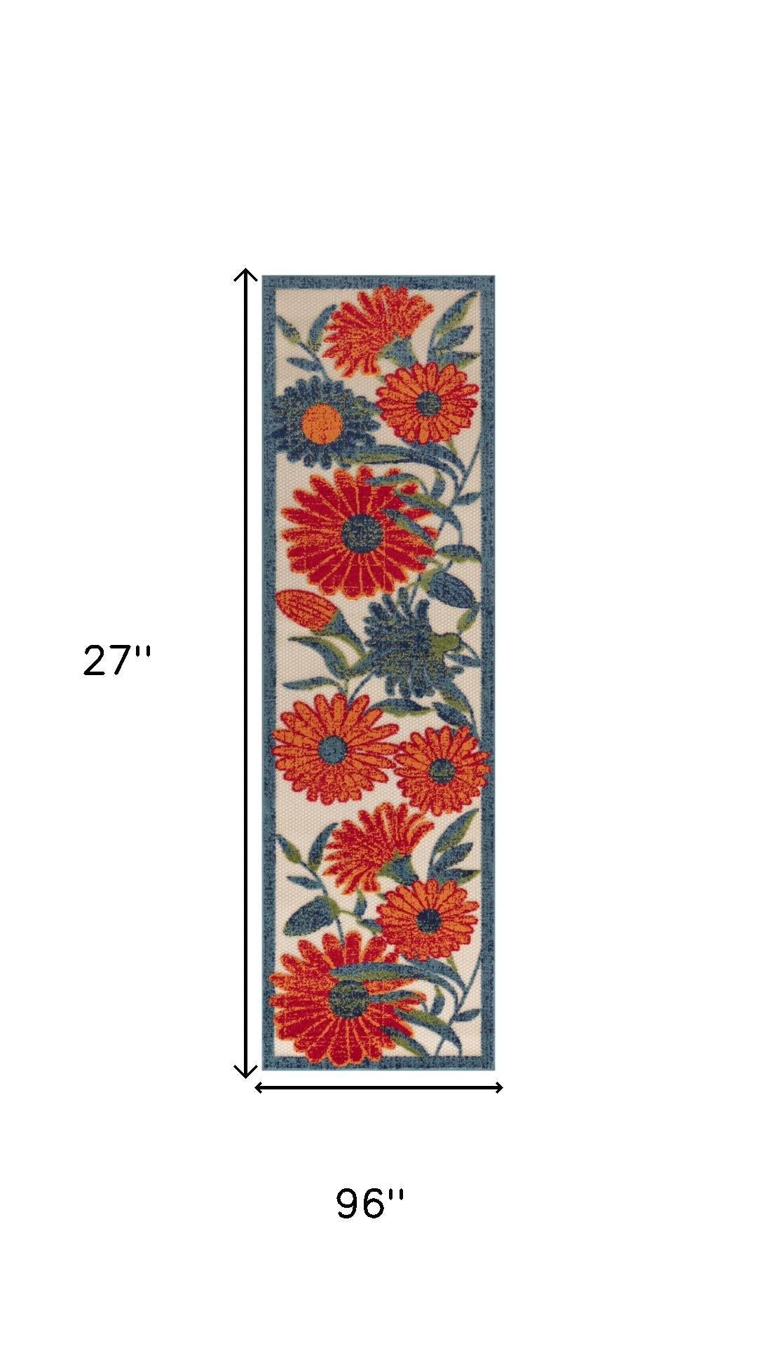 8' Ivory Orange Blue And Green Floral Indoor Outdoor Runner Rug HomeRoots