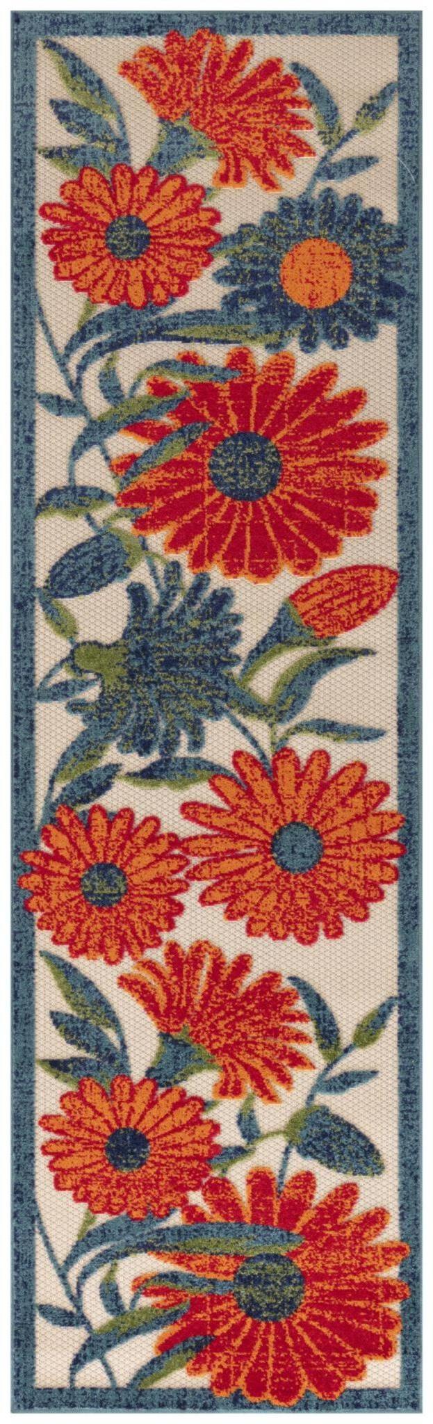 8' Ivory Orange Blue And Green Floral Indoor Outdoor Runner Rug HomeRoots