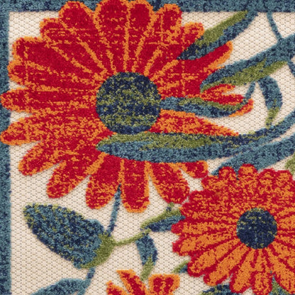 8' Ivory Orange Blue And Green Floral Indoor Outdoor Runner Rug HomeRoots