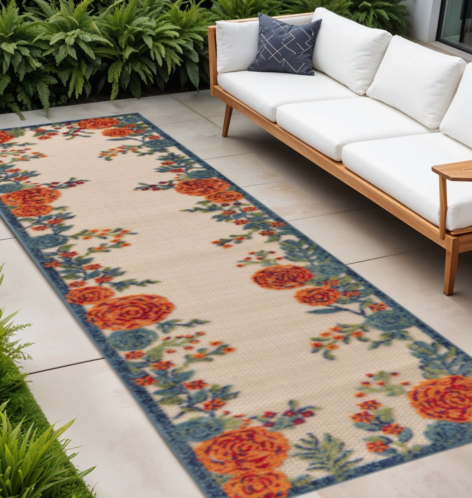 8' Ivory Orange Blue And Green Floral Indoor Outdoor Runner Rug HomeRoots