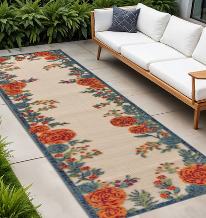 8' Ivory Orange Blue And Green Floral Indoor Outdoor Runner Rug HomeRoots