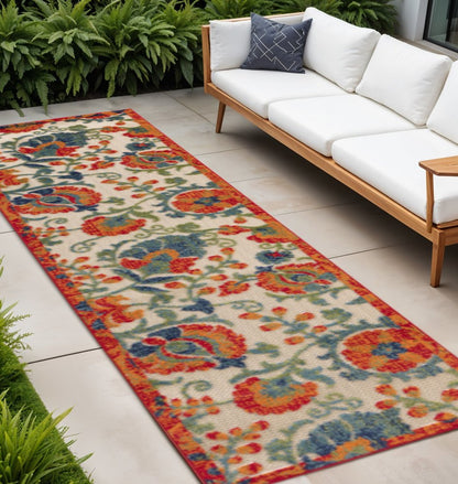 8' Ivory Orange Blue And Green Floral Indoor Outdoor Runner Rug HomeRoots