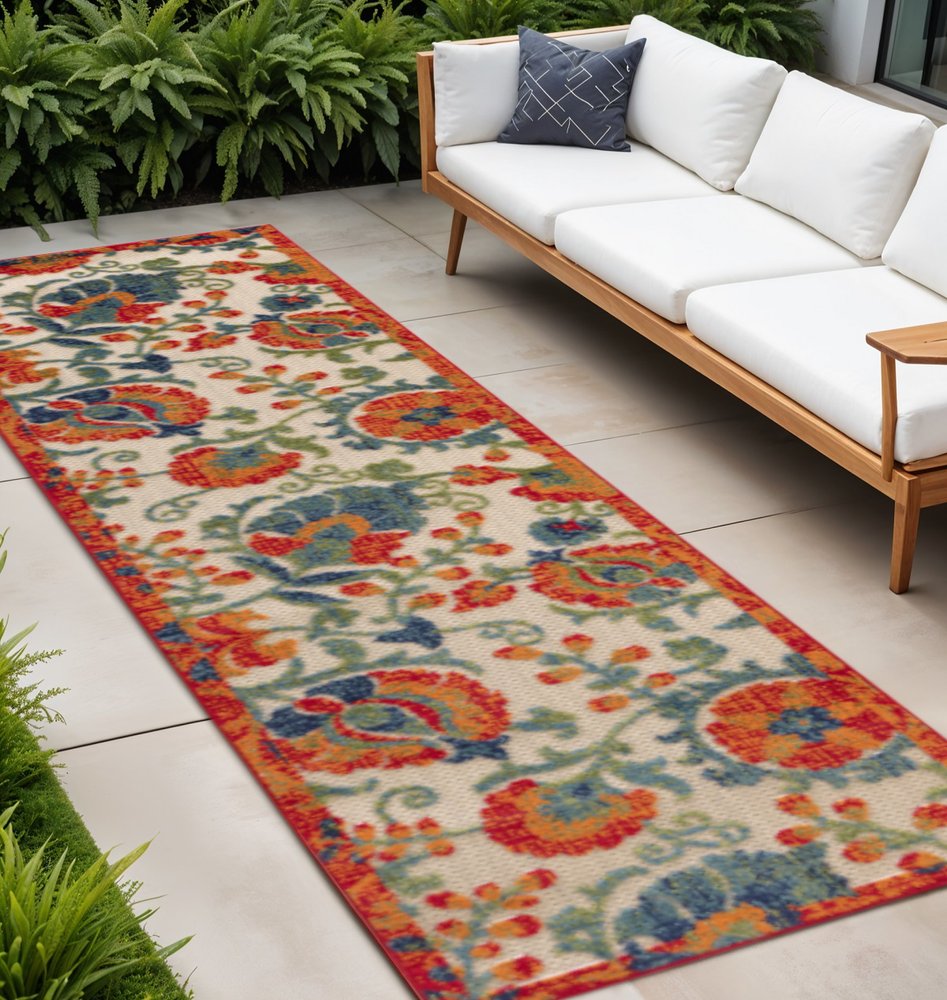8' Ivory Orange Blue And Green Floral Indoor Outdoor Runner Rug HomeRoots