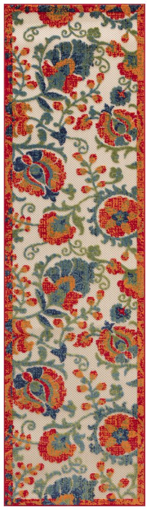 8' Ivory Orange Blue And Green Floral Indoor Outdoor Runner Rug HomeRoots