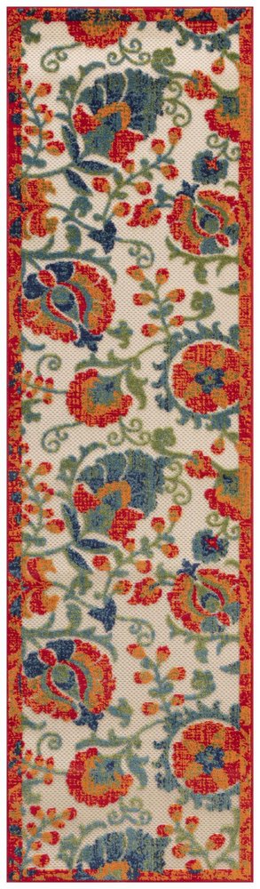 8' Ivory Orange Blue And Green Floral Indoor Outdoor Runner Rug HomeRoots