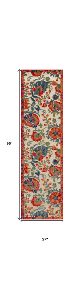 8' Ivory Orange Blue And Green Floral Indoor Outdoor Runner Rug HomeRoots