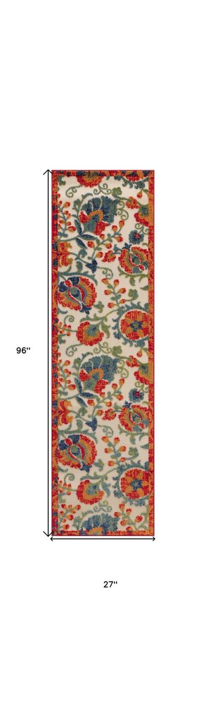 8' Ivory Orange Blue And Green Floral Indoor Outdoor Runner Rug HomeRoots